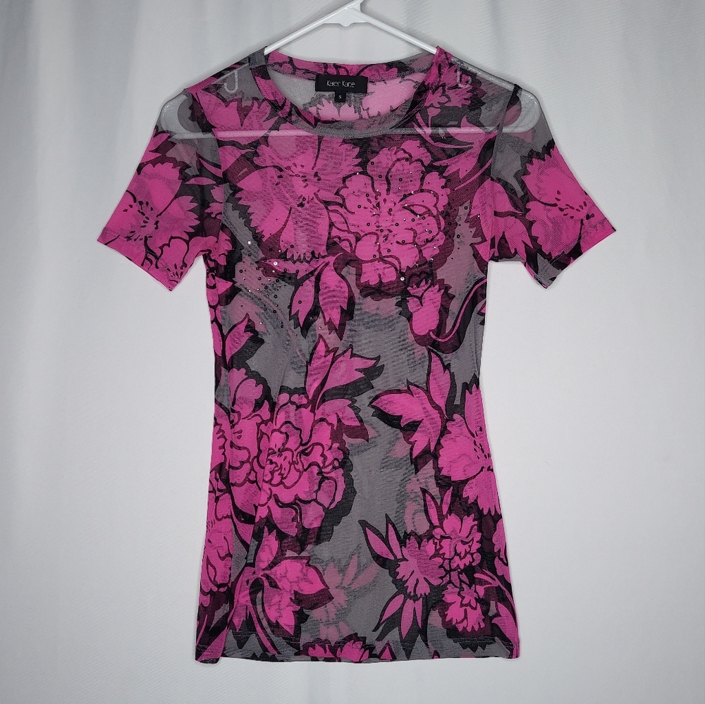 Karen Kane Mesh Top Small Sequin Stretch Floral Short Sleeve Sheer Y2K 90s Fairy